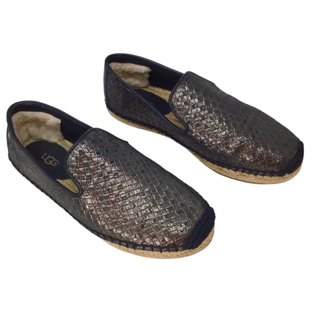 Ugg Sandrinne Espadrille Size 5 Basket Woven Flats Black Gold Metallic 1010196 - Picture 6 of 13